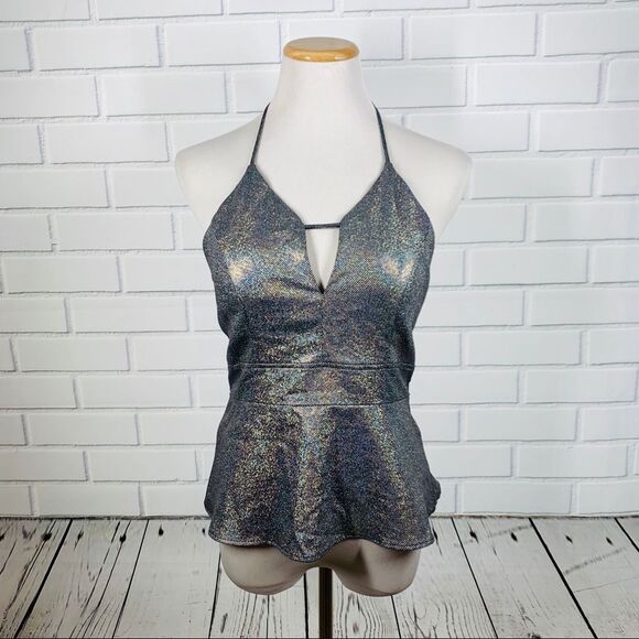 Express Metallic Plunge Neck Peplum Halter Top - Picture 4 of 12
